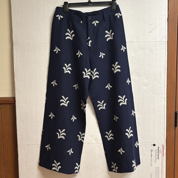 Elie Tahari Navy Blue/W Cream Colored Embroidered Palm Trees Wide Leg Size 10 - Picture 14 of 14
